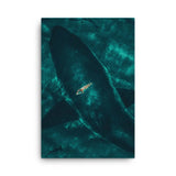 Beneath the Surface – Woman on a Surfboard Above a Massive Shark Canvas Print